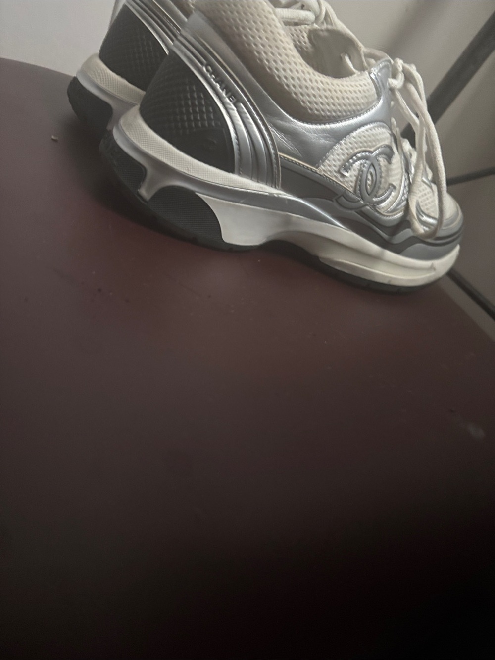 CHANEL White and Silver Mesh Platform Sneakers - Picture 5 of 6